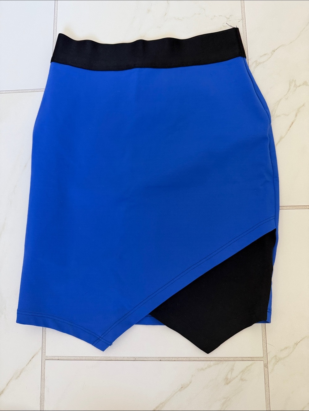 NWT bebe Royal Blue Asymmetric Ponte Skirt with Black Waist
